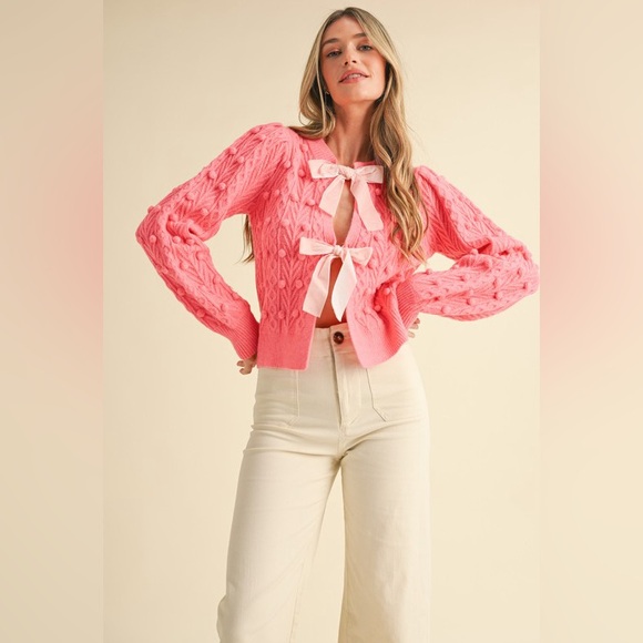 Pink chunky cable embroidered ribbon tie boho bohemian knit cardigan sweater - Picture 5 of 6